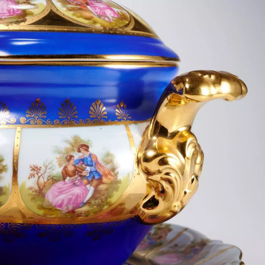 ドイツ製 クバポーセリン 大型スープチュリーン 青の恋人たち図 オーバル型 蓋付き