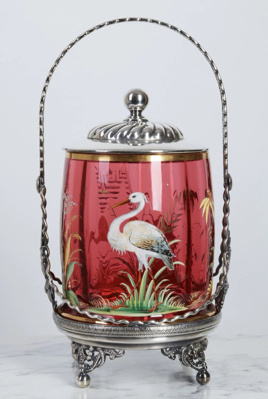 ヴィクトリアン期 手吹きルビーガラス エナメル装飾 ピクルスキャスター