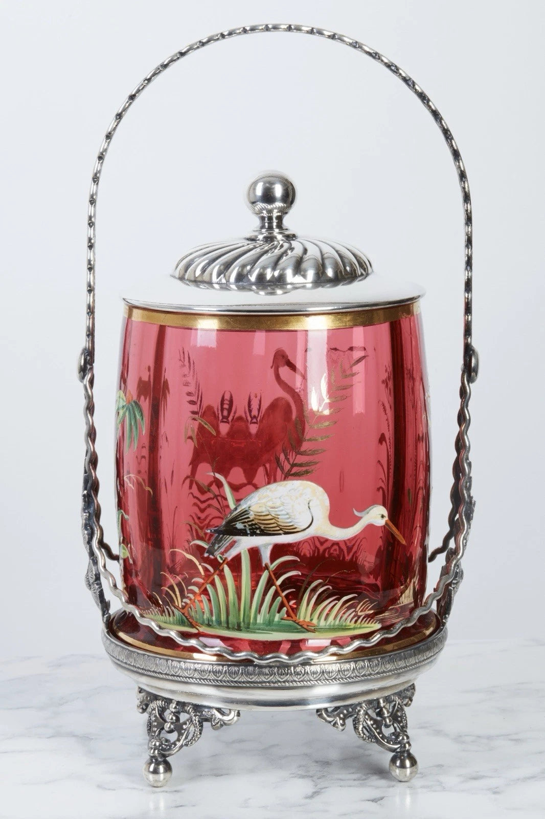 ヴィクトリアン期 手吹きルビーガラス エナメル装飾 ピクルスキャスター