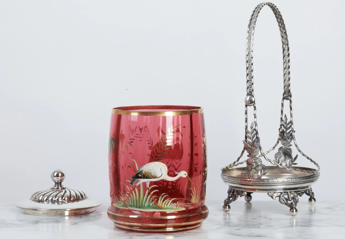 ヴィクトリアン期 手吹きルビーガラス エナメル装飾 ピクルスキャスター