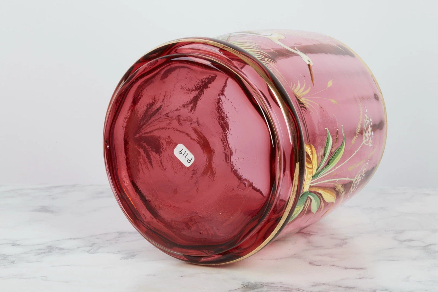 ヴィクトリアン期 手吹きルビーガラス エナメル装飾 ピクルスキャスター