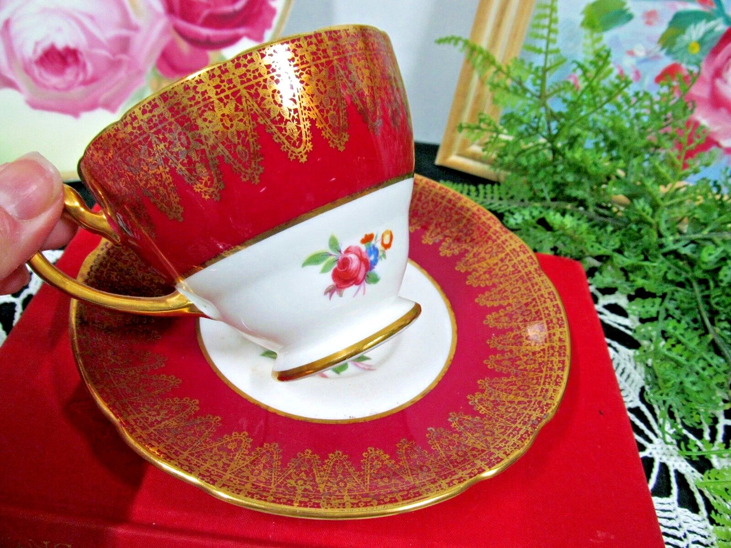 英国製 ハマースレイ 赤い花柄 ピンクローズ ティーカップセット