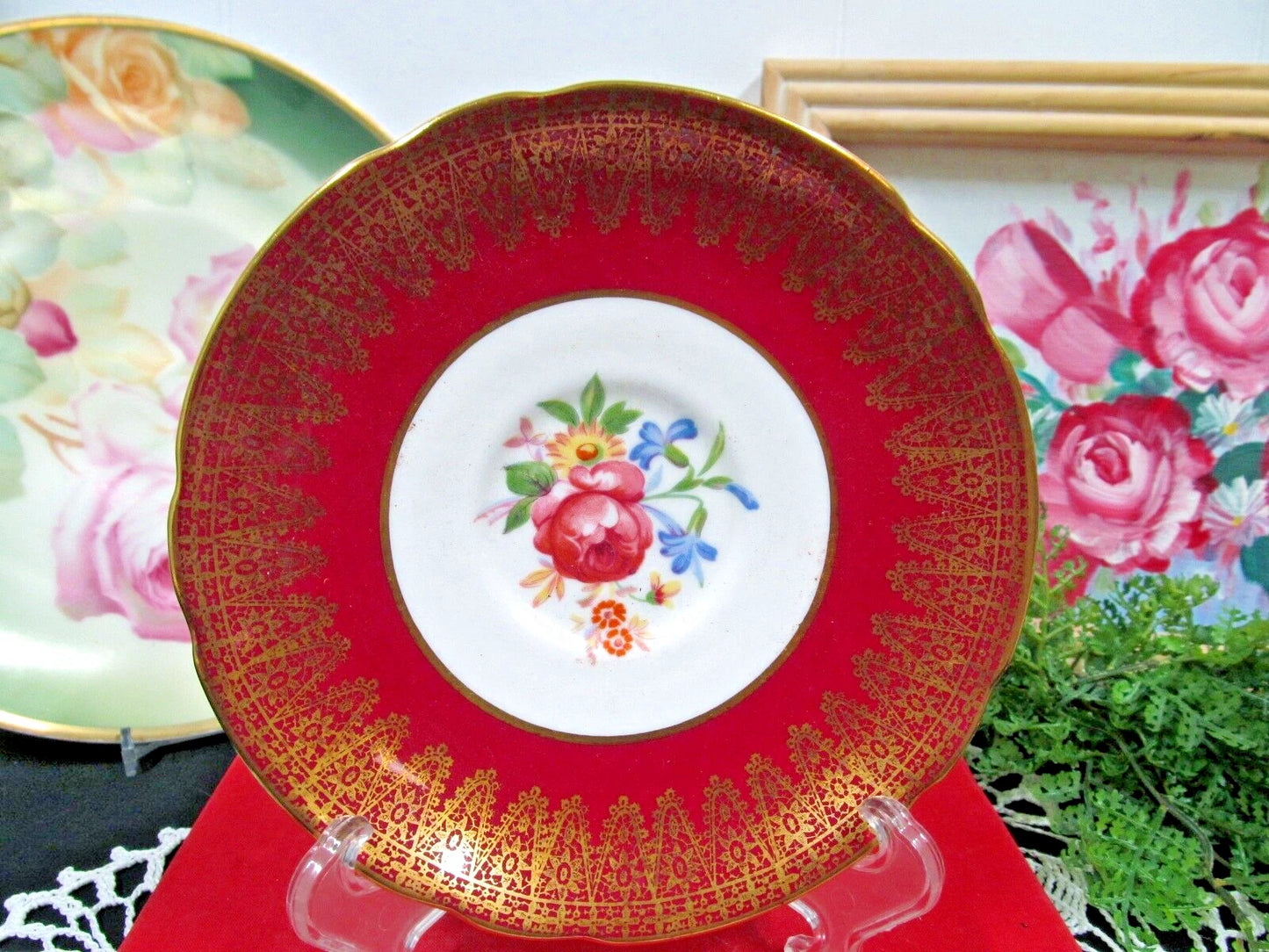 英国製 ハマースレイ 赤い花柄 ピンクローズ ティーカップセット