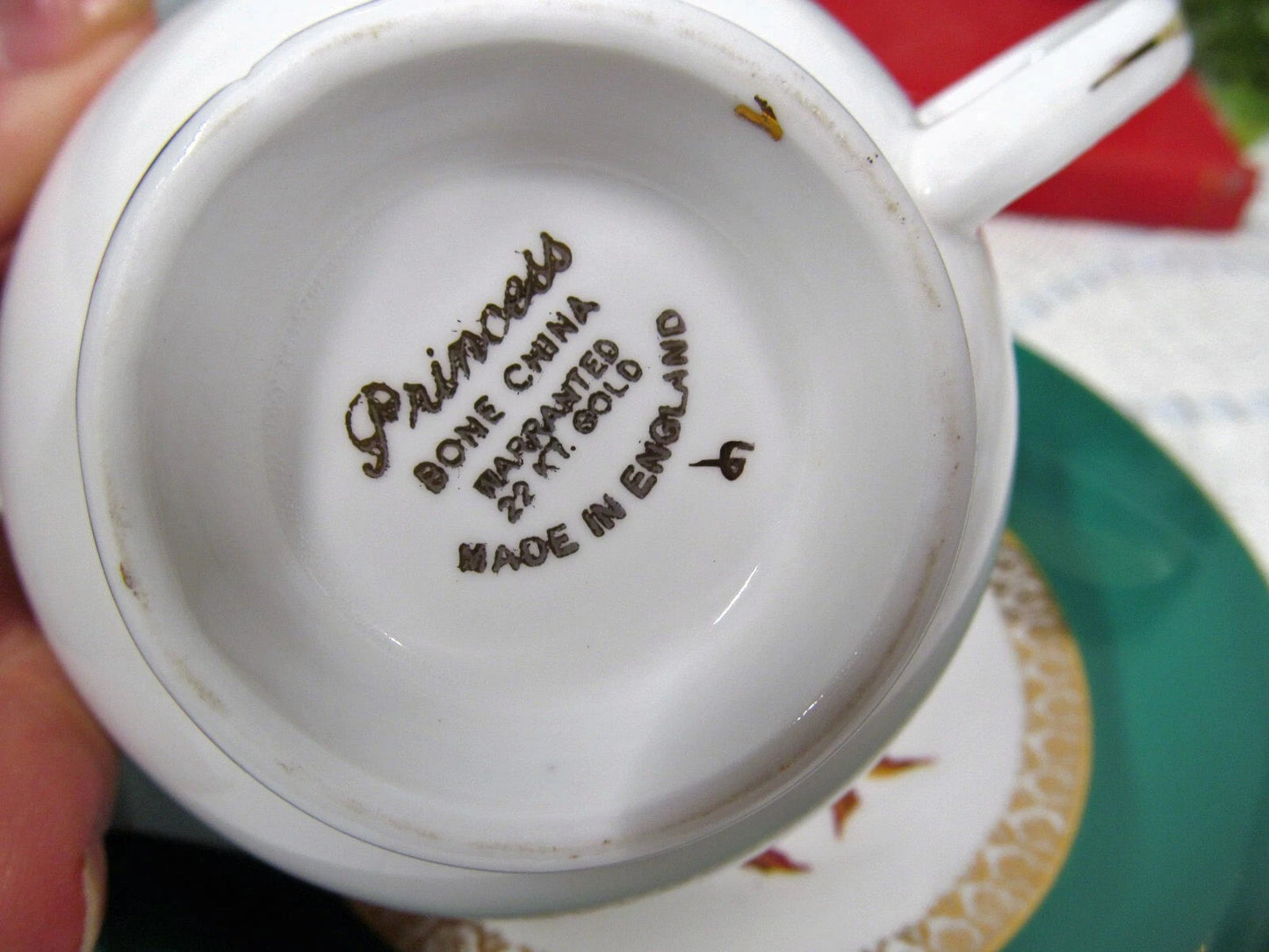 英国製 プリンセス グリーン＆フルーツ柄 ティーカップ＆ソーサー