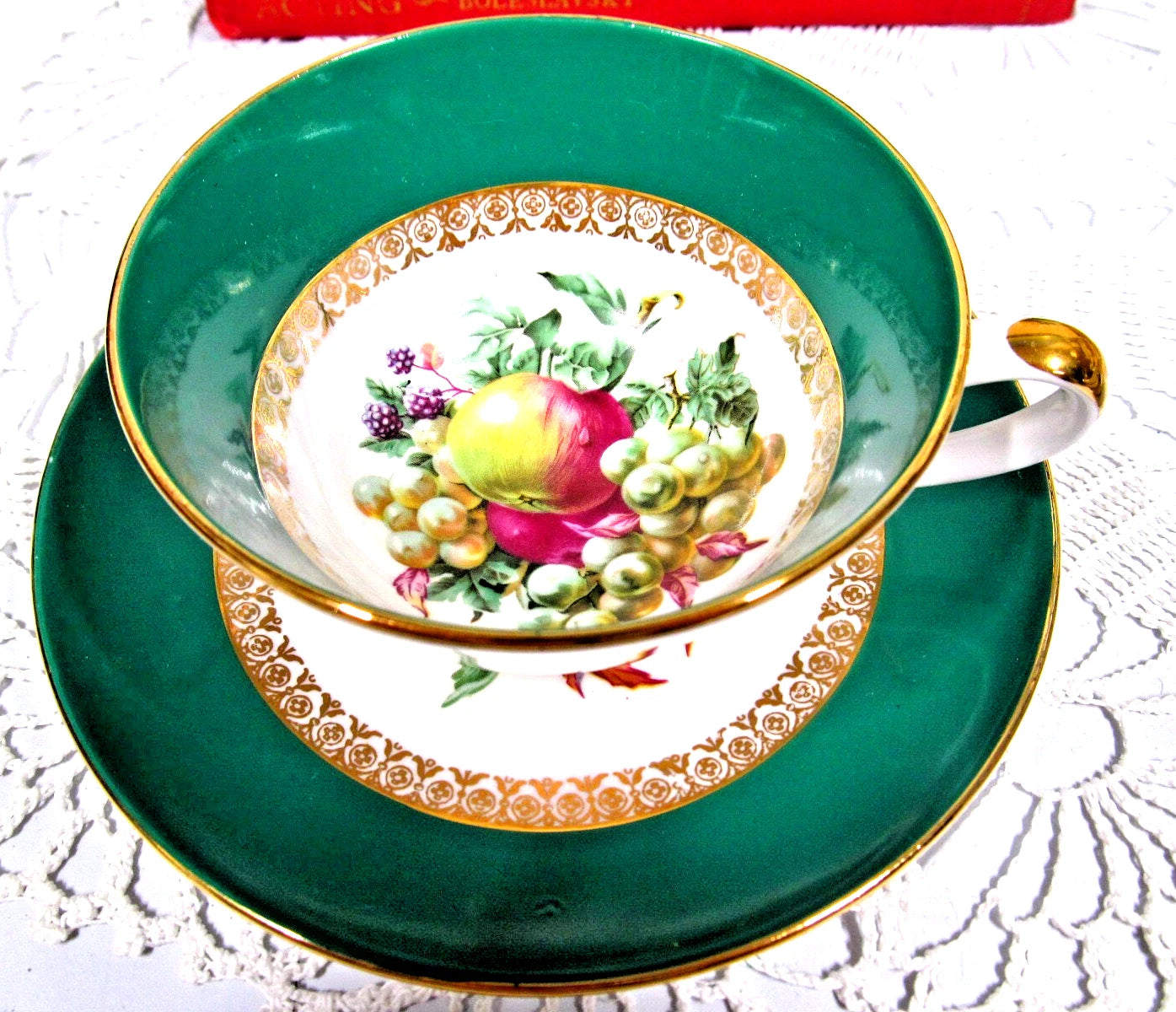 英国製 プリンセス グリーン＆フルーツ柄 ティーカップ＆ソーサー